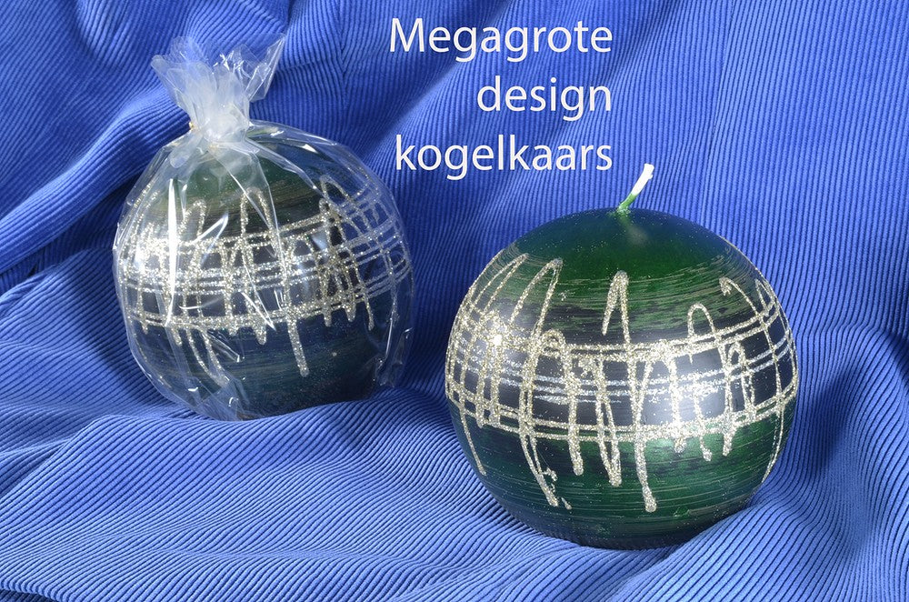 Ball Candle XXL GREEN METALLIC with silver, Ø12 cm - Christmas