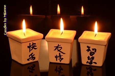 Set van 3 Stenen Potjes (kaarsen) met Chinese wijsheden