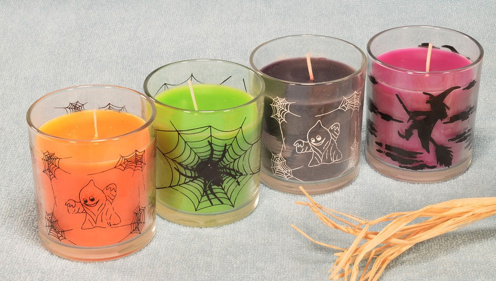 4 different HALLOWEEN candles in glass (fake spider free)