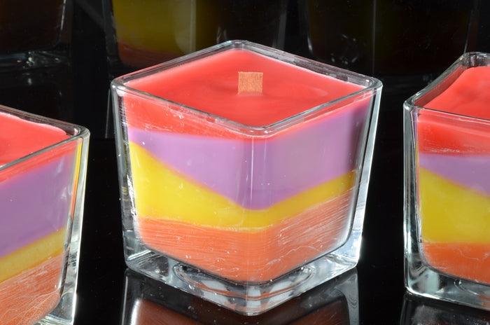 TRI-COLOUR+ Wooden Wick candle in glass LARGE 10x10x10 cm