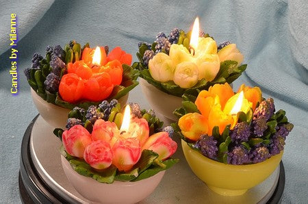 4x Dish with tulips and grape hyacinths, Set of 4 different Candles