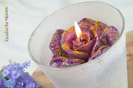 XXL Rose Candle in glass PURPLE with gold glitter, 14 cm