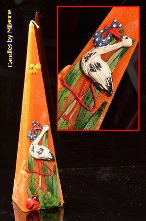 Stork Birth Candle, pyramid, ORANGE, H: 30 cm
