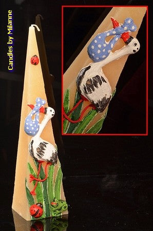 Birth candle Stork, pyramid, CREAM, H: 30 cm