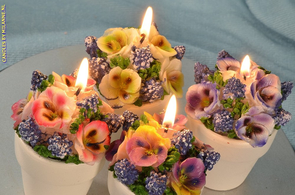 Setje van 4 Bloemen kaarsen in Stenen Potjes