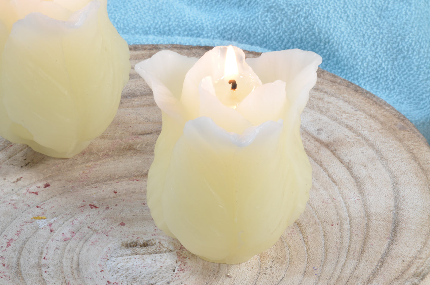 Set van 2 stuks TULP kaarsen in sprankelend ivoor wit, 6x6 cm, hoogte 7 cm - BEKIJK VIDEO