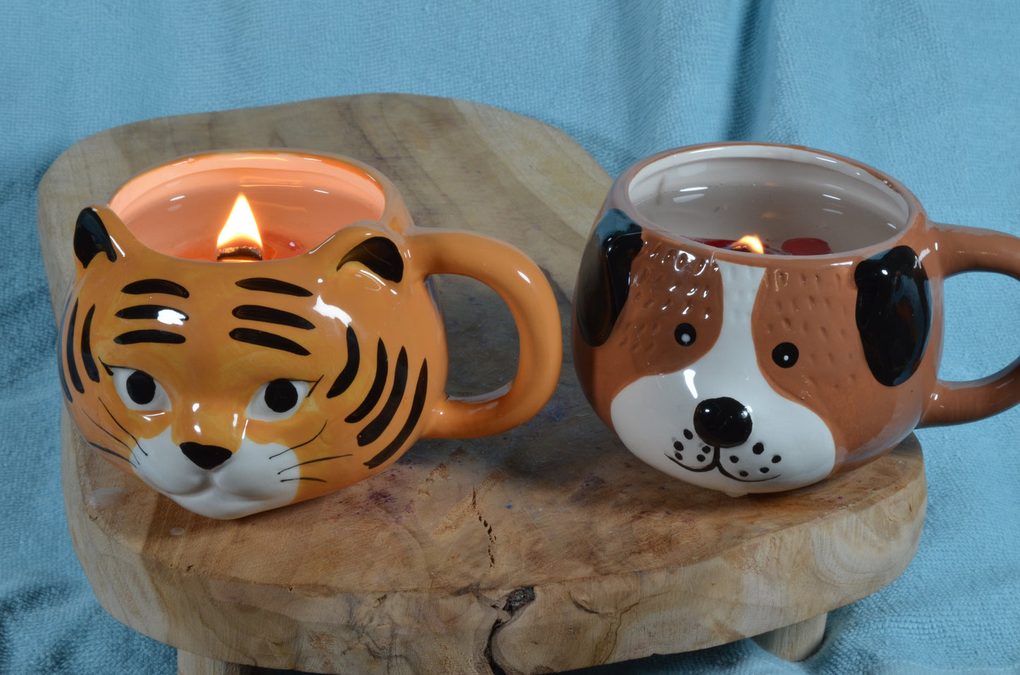 Advantage Set of 2 Gel Candles with Wooden Wick - 1x Dog and 1x Tiger - Made by Candles by Milanne - WATCH VIDEO