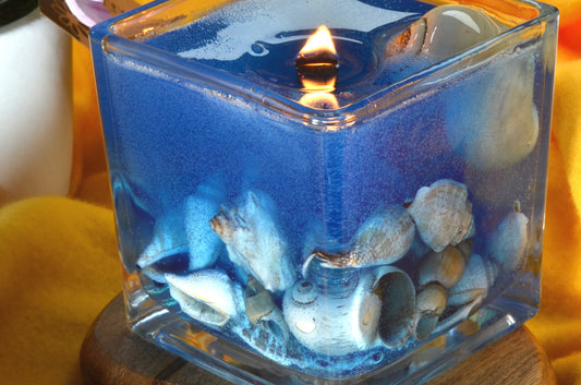 Nieuw voor 2025: XXL Schelpen Gelkaars "Blue Sea" met houten Pit 10x10x10 cm - BEKIJK VIDEO